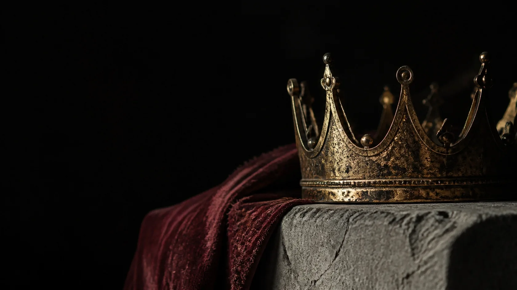 A weathered gold crown resting on cracked concrete beside maroon velvet