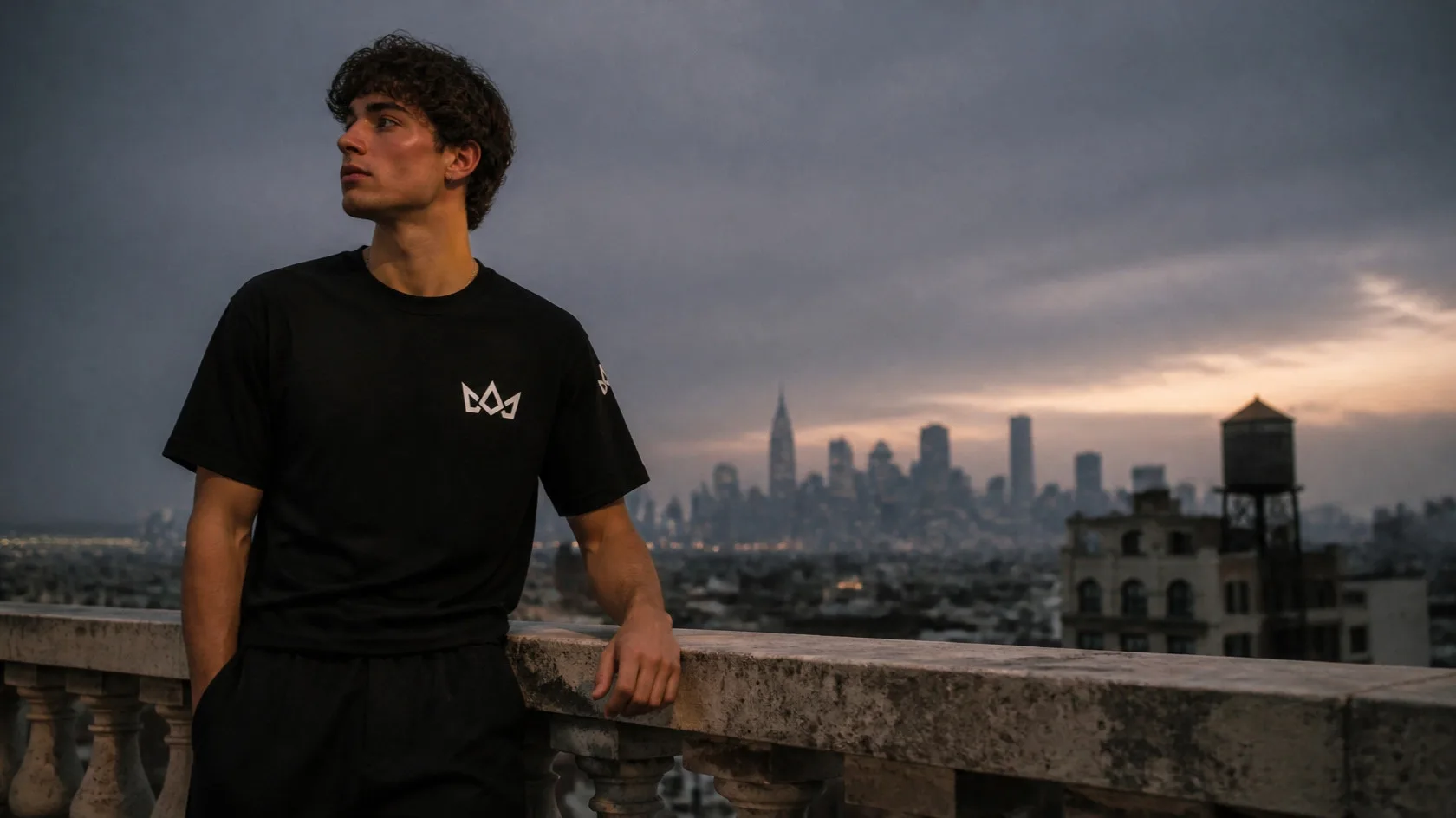 Model in the black Emblem tee on a city rooftop at dusk