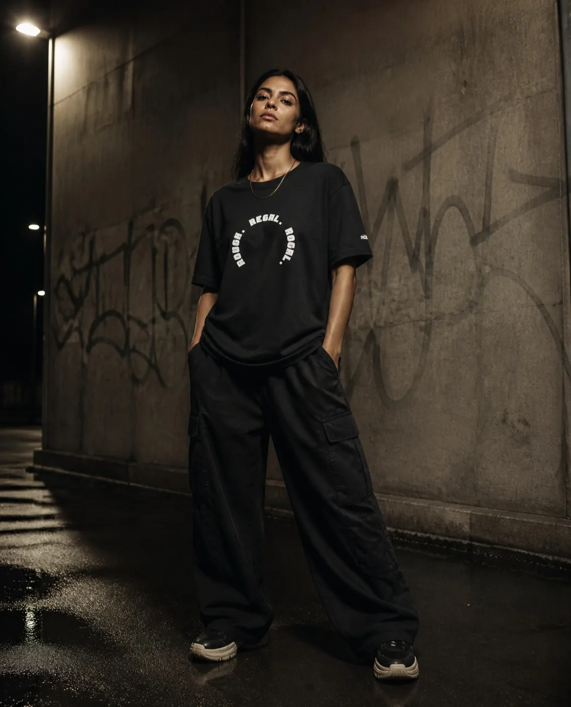 Model in the Signature tee in washed black against a tagged concrete wall at night