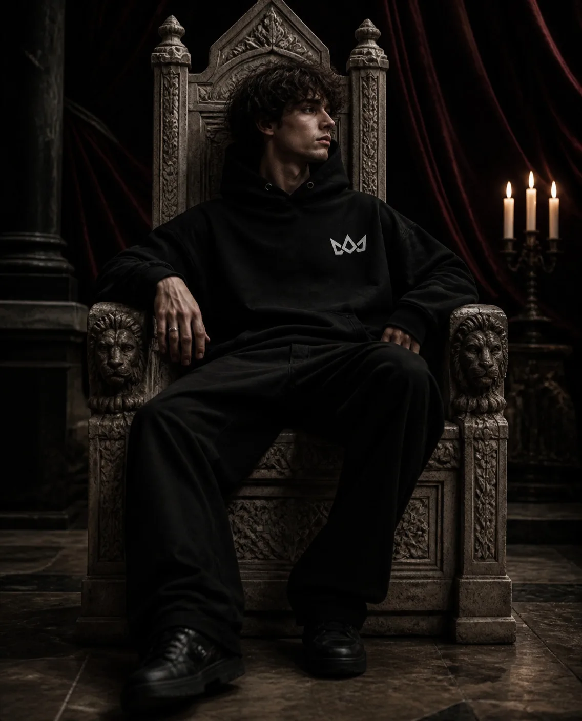 Model in the black Emblem hoodie seated on a carved stone throne
